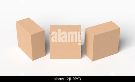 Three square boxes mock up. Cardboard gift boxes on white background. View above Stock Photo