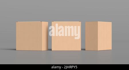 Three square boxes mock up. Cardboard gift boxes on gray background. Front view Stock Photo