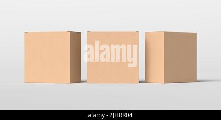 Three square boxes mock up. Cardboard gift boxes on white background. Front view Stock Photo