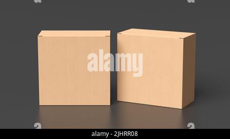 Two cardboard boxes mock up. Square gift boxes on black background. Above view Stock Photo