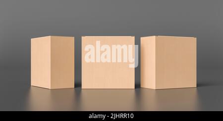 Three square boxes mock up. Cardboard gift boxes on black background. Front view Stock Photo