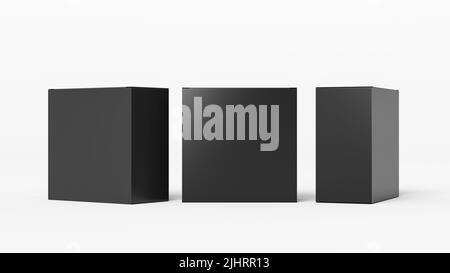Three square boxes mock up. Black gift boxes on white background. Front view Stock Photo