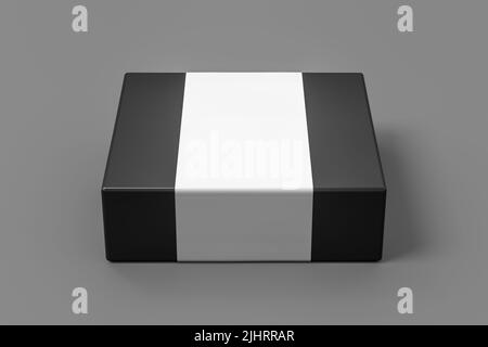 Square box mock up with blank paper cover label: Black gift box on gray background. Front view Stock Photo