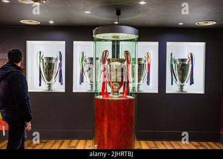 The Liverpool FC Stadium Tour, Trophy hall. Anfield is a football stadium in Anfield, Liverpool, Merseyside, England, which has a seating capacity of Stock Photo