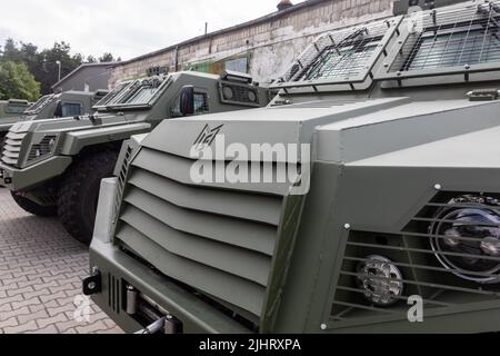 Ukrainian Border, Poland. 16th July, 2022. One of the 11 new Italian-made MLS SHIELD armoured vehicles that will be delivered to the Airborne Assault Forces of Ukraine. The armoured vehicles bought by the Poroshenko Foundation together with volunteers, are already near the Ukrainian border and will soon be at the front. The 11 brand new armoured vehicles of the NATO standard are at the Polish border and this is the first time new combat armoured vehicles are sold to volunteers and benefactors, Poroshenko said. Credit: SOPA Images Limited/Alamy Live News Stock Photo