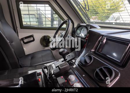 Ukrainian Border, Poland. 16th July, 2022. Interior of one of the 11 new Italian-made MLS SHIELD armoured vehicles that will be delivered to the Airborne Assault Forces of Ukraine. The armoured vehicles bought by the Poroshenko Foundation together with volunteers, are already near the Ukrainian border and will soon be at the front. The 11 brand new armoured vehicles of the NATO standard are at the Polish border and this is the first time new combat armoured vehicles are sold to volunteers and benefactors, Poroshenko said. Credit: SOPA Images Limited/Alamy Live News Stock Photo