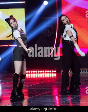 Goyang, South Korea. 20th July, 2022. Japanese K-Pop girl group XG, performs on the stage during a MBC TV K-Pop music chart program “Show Champion” at MBC Dream Center in Goyang, South Korea on July 20, 2022. (Photo by Lee Young-ho/Sipa USA) Credit: Sipa USA/Alamy Live News Stock Photo