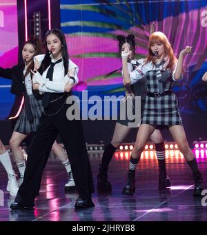 Goyang, South Korea. 20th July, 2022. Japanese K-Pop girl group XG, performs on the stage during a MBC TV K-Pop music chart program “Show Champion” at MBC Dream Center in Goyang, South Korea on July 20, 2022. (Photo by Lee Young-ho/Sipa USA) Credit: Sipa USA/Alamy Live News Stock Photo