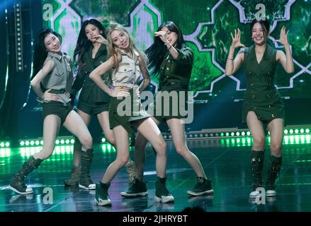 Goyang, South Korea. 20th July, 2022. Japanese K-Pop girl group XG, performs on the stage during a MBC TV K-Pop music chart program “Show Champion” at MBC Dream Center in Goyang, South Korea on July 20, 2022. (Photo by Lee Young-ho/Sipa USA) Credit: Sipa USA/Alamy Live News Stock Photo