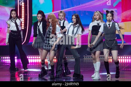 Goyang, South Korea. 20th July, 2022. Japanese K-Pop girl group XG, performs on the stage during a MBC TV K-Pop music chart program “Show Champion” at MBC Dream Center in Goyang, South Korea on July 20, 2022. (Photo by Lee Young-ho/Sipa USA) Credit: Sipa USA/Alamy Live News Stock Photo