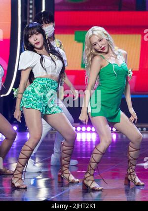 Goyang, South Korea. 20th July, 2022. South Korean K-Pop girl group 1CHU, performs on the stage during a MBC TV K-Pop music chart program 'Show Champion' at MBC Dream Center in Goyang, South Korea on July 20, 2022. (Photo by Lee Young-ho/Sipa USA) Credit: Sipa USA/Alamy Live News Stock Photo