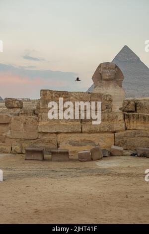 Landscape with Egyptian pyramids, Great Sphinx and silhouettes Ancient symbols and landmarks of Egypt for your travel concep in golden sunlight. The Stock Photo
