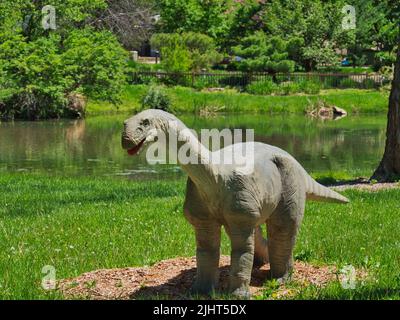 A scenic view of realistic Brontosaurus statue in Topeka Zoo & Conservation Center in Kansas Stock Photo