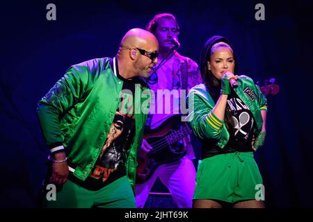 René Dif and Lene Nystrøm lead singers of Danish-Norwegian Europop music group Aqua performing at a sold out show at CasinoRama in Toronto. Stock Photo