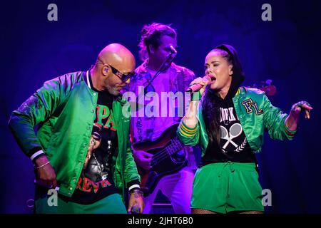 René Dif and Lene Nystrøm lead singers of Danish-Norwegian Europop music group Aqua performing at a sold out show at CasinoRama in Toronto. Stock Photo