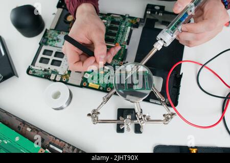 Soldering computer components flat lay Stock Photo