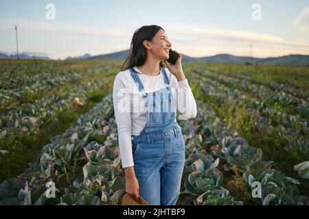 Woman farmer talking on her smartphone while standing in a cabbage field. Young brunette female using her mobile device on an organic vegetable farm Stock Photo