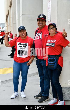 San Diego CA US July 20, 2022:  Hilton Bayfront Union 30 workers on strike picketing for better wages at the entrance to the hote Stock Photo