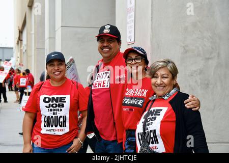 San Diego CA US July 20, 2022:  Hilton Bayfront Union 30 workers on strike picketing for better wages at the entrance to the hotel Stock Photo