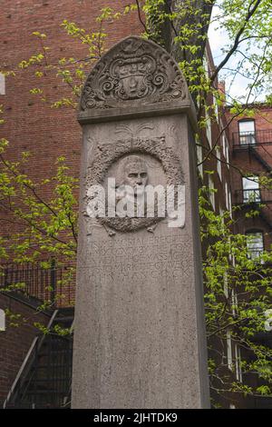 Boston, MA, USA, May 16, 2022: The memorial and gravestone of John Hancock at the Granary Burying Ground. Stock Photo
