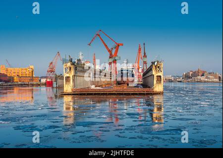 Gothenburg, Sweden - February 4 2012: Oil tanker Theodora (IMO 9005338) in dry dock at Cityvarvet. Stock Photo