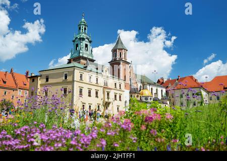 KRAKOW, POLAND - AUGUST 2021: The Wawel Royal Castle, a castle residency located in central Krakow. Tourists exploring the Wawel Hill, the most histor Stock Photo