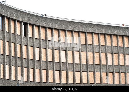 Oslo, Norway - July 22 2012: Boarded up windows atY-blokka at Regjeringskvartalet after the 2011 bombing. Stock Photo