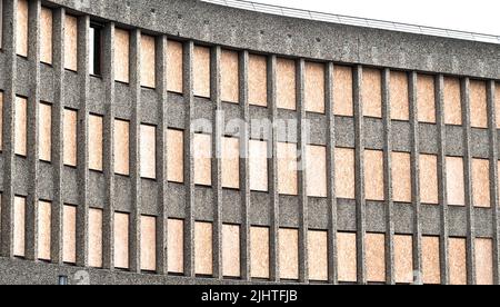 Oslo, Norway - July 22 2012: Boarded up windows atY-blokka at Regjeringskvartalet after the 2011 bombing. Stock Photo