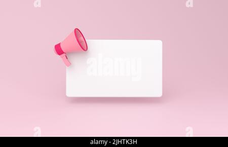 Empty reminder pop up and megaphone icon on pink background. 3D rendering. Stock Photo