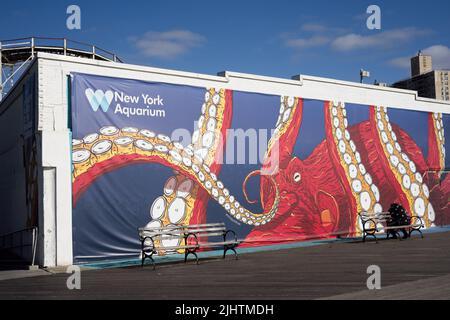 Brooklyn, NY, USA - July 20, 2022: The New York Aquarium welcome banner on the boardwalk at Coney Island