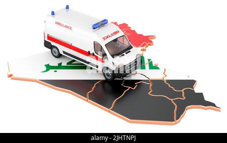Emergency medical services in Iraq. Ambulance van on the Iraqi map. 3D rendering isolated on white background Stock Photo