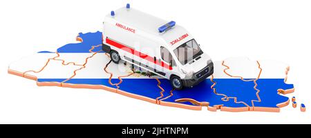 Emergency medical services in El Salvador. Ambulance van on the Salvadoran map. 3D rendering isolated on white background Stock Photo