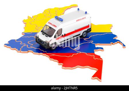 Emergency medical services in Colombia. Ambulance van on the Colombian map. 3D rendering isolated on white background Stock Photo