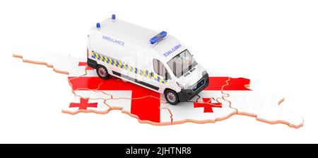 Emergency medical services in Georgia. Ambulance van on the Georgian map. 3D rendering isolated on white background Stock Photo