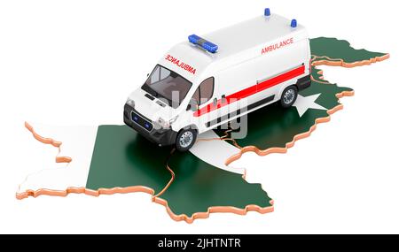 Emergency medical services in Pakistan. Ambulance van on the Pakistani map. 3D rendering isolated on white background Stock Photo