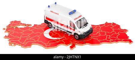 Emergency medical services in Turkey. Ambulance van on the Turkish map. 3D rendering isolated on white background Stock Photo