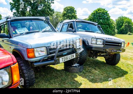 A collection of Land Rover and Range Rover 4x4 all-terrain off-road vehicles at The Berkshire Motor Show in Reading, UK Stock Photo