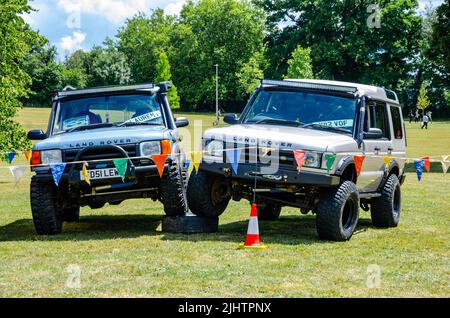 A collection of Land Rover and Range Rover 4x4 all-terrain off-road vehicles at The Berkshire Motor Show in Reading, UK Stock Photo