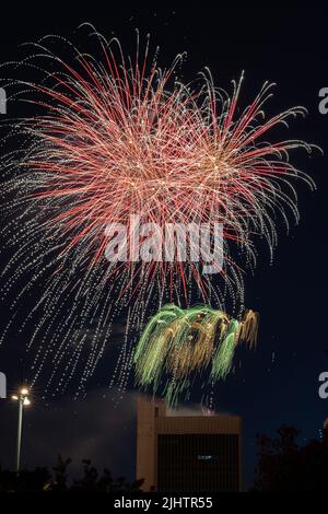 July 14 fireworks fired from a building Stock Photo