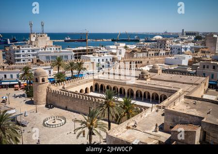 A view of the Grand Mosque in Sousse, Tunisia, taken from the top of the tower at the Ribat of Sousse. The mosque is located within the ancient Medina. Stock Photo