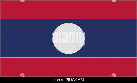 Laos embroidery flag. Laotian emblem stitched fabric. Embroidered coat of arms. Country symbol textile background. Stock Photo