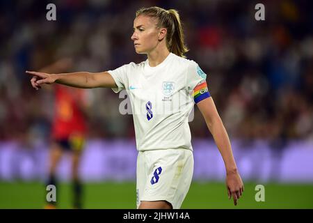 Brighton, UK. 20th July, 2022. Leah Williamson of England Women looks on. UEFA Women's Euro England 2022, quarter-final match, England women v Spain women at the Falmer Stadium in Brighton & Hove in Sussex on Wednesday 20th July 2022. this image may only be used for Editorial purposes. Editorial use only, license required for commercial use. No use in betting, games or a single club/league/player publications. pic by Steffan Bowen/Andrew Orchard sports photography/Alamy Live news Credit: Andrew Orchard sports photography/Alamy Live News Stock Photo
