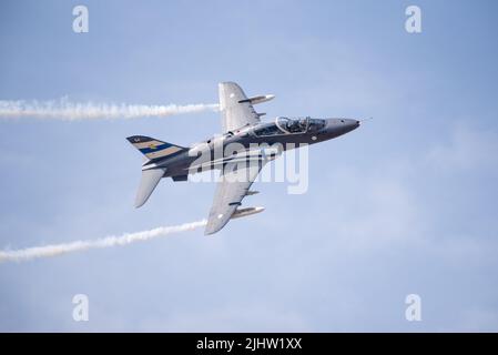 Finnish Airforce BAe Systems Hawk Mk.51 performs at the Royal International Air Tattoo RAF Fairford 2022. Midnight Hawks will display at RIAT 2024. Stock Photo