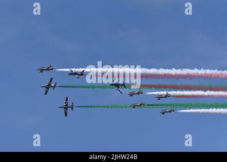 The aerobatic demonstration team of the Italian Air Force Frecce Tricolori display at the Royal International Air Tattoo RAF Fairford 2022 Stock Photo