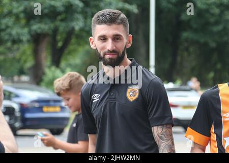 Hull, UK. 20th July, 2022. Dogukan Sinik of Hull City arrives at the MKM Stadium in Hull, United Kingdom on 7/20/2022. (Photo by David Greaves/News Images/Sipa USA) Credit: Sipa USA/Alamy Live News Stock Photo