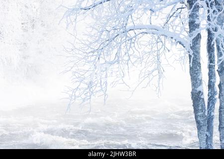 River rapids near Kuusamo, Northern Finland on a cold winter morning. Stock Photo