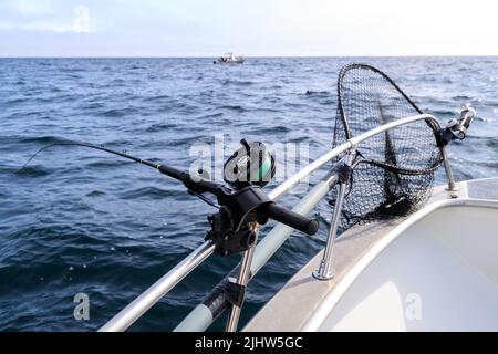 Fishing trolling in rod holder. Big game fishing. Fishing reels and rods  pattern on sea. Ocean fishing rods Stock Photo - Alamy