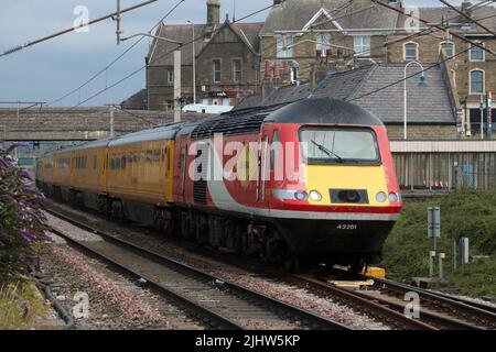 Network Rail high speed test train operated by Colas Rail, power car 43251 leading, passing through Carnforth on the WCML on Wednesday 20th July 2022. Stock Photo