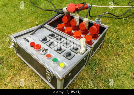 Mobile electric fuse cord box with wires outdoor Stock Photo