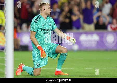 July 20, 2022: Arsenal goalkeeper AARON RAMSDALE (32) reacts after missing a block during the Florida Cup Series Orlando City vs Arsenal FC soccer match at Exploria Stadium in Orlando, Fl on July 20, 2022. (Credit Image: © Cory Knowlton/ZUMA Press Wire) Credit: ZUMA Press, Inc./Alamy Live News Stock Photo